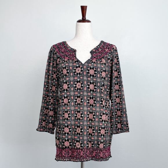Lucky Brand Smocked Bohemian Print Peasant Blouse NWT - Picture 1 of 7